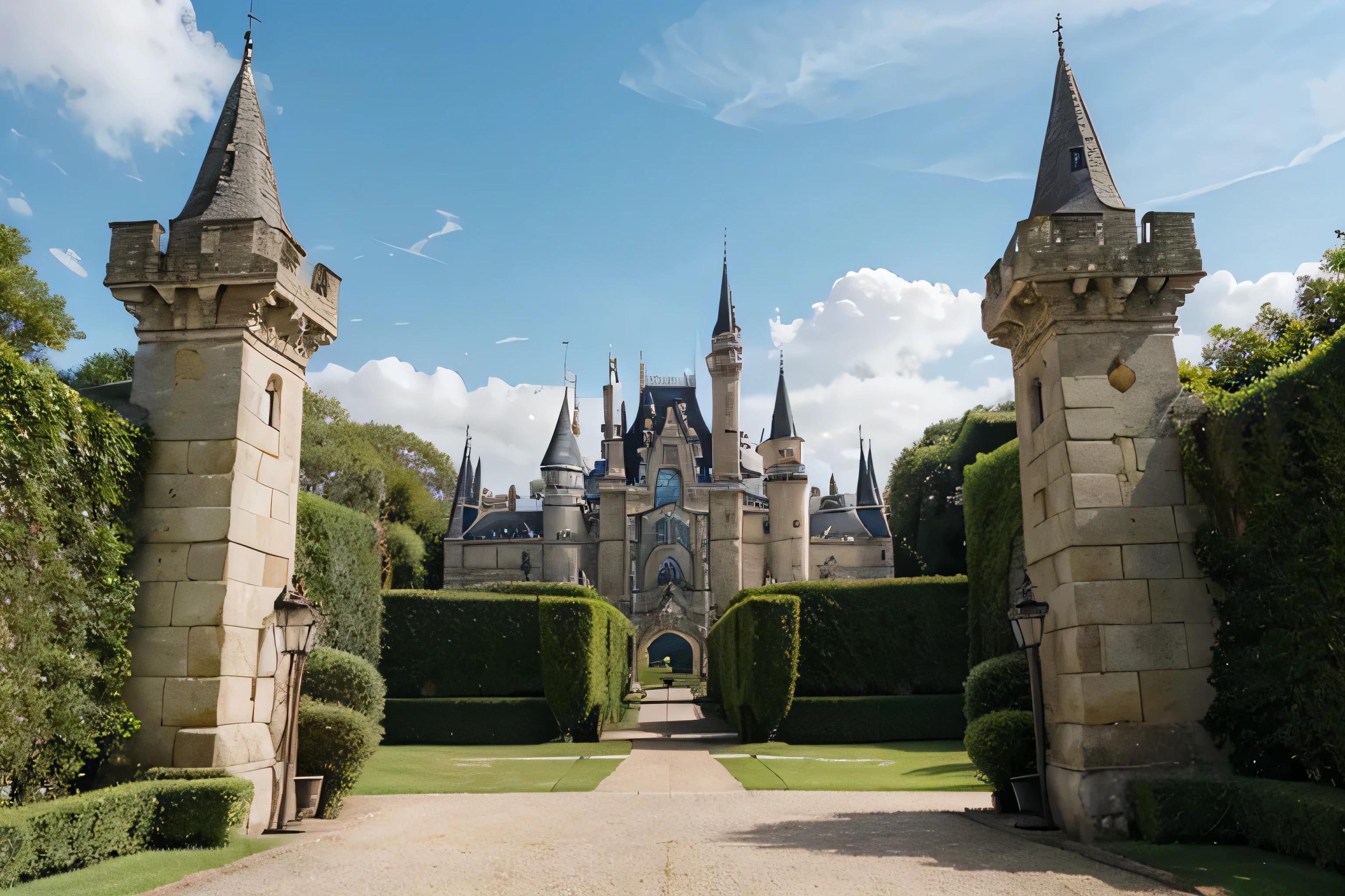 a large, picturesque castle with multiple turrets and spires, reminiscent of a classic fairytale structure. The castle is predominantly beige with grey roofing and is surrounded by lush greenery. A neatly trimmed hedge lines one side of a paved pathway leading towards an arched entrance in the castle’s base. The sky is blue with scattered clouds, suggesting a pleasant day. This image might be interesting or relevant for discussions on architecture, night, history, tourism, or storytelling as it evokes the grandeur and romanticism often associated with castles.