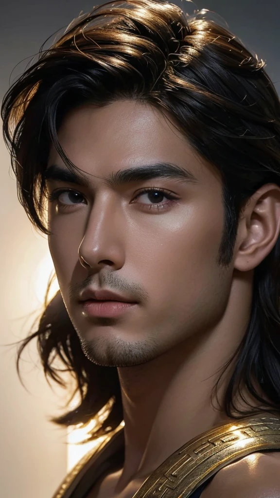 (1man), (solo man), Artwork, best quality, high resolution, Close-up portrait, bad, Greek God style, modern, , beautiful figure painting, bright light, Amazing composition, front view, hdr, volumetric lighting, ultra quality, elegant, highly detailed, black hair, tanned skin, high bridge nose