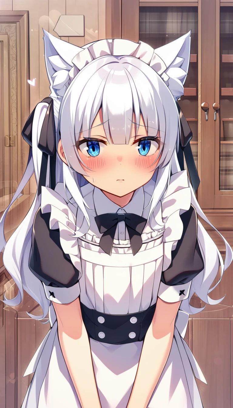one girl, cat ears, white hair, naive, maid, light blue eyes, blush, standing, face focus, shy, bow, heart eyes, 13 years old, girl love me