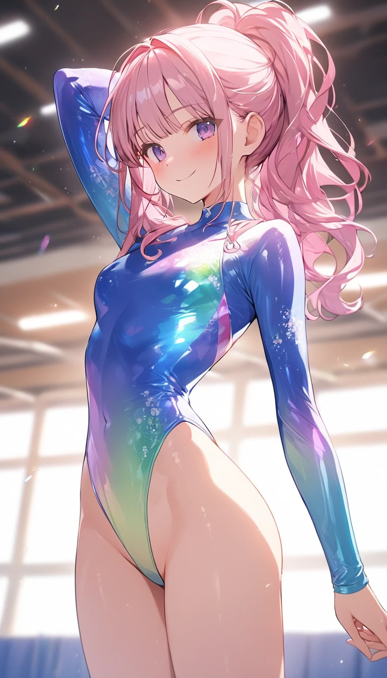 highquality illustration, masterpiece, very delicate and beautiful, attractive girl,(gymnastics leotard, Floral patterns leotard,long sleeve leotard with glittery decoration,high_leg leotard,athletic leotard,tight-fit leotard,iridescent gradient leotard,long-sleeve leotard),thin,slender body,slim,high school,gymnasium background,gymnastics club,gymnastics athlete,princess, beautiful eyes,light smile,(masterpiece, best quality:1.2), highres, extremely detailed CG unity 8k wallpaper, perfect lighting, Colourful, ultra-high res,4K,ultra-detailed, photography, 8K, HDR, 17 ages, full body,