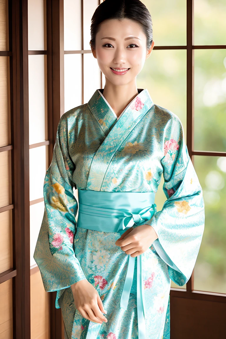 (Highest quality、Tabletop、8K、Best image quality、Award-winning works)、(One beautiful mature woman:1.1)、Adult face、(Innkeeper:1.1)、(A top-quality white kimono with an elegant floral pattern:1.2)、(A kimono with a perfect and precise collar:1.2)、Perfect mature woman portrait photo、Glowing Skin、Standing Elegantly、(Blurred elegant and exquisite perfect Japanese style room background:1.3)、(The most natural and perfect tidy Japanese style room background:1.2)、(Strongly blurred background:1.2)、Glowing Skin、Very beautiful skin、(Accentuate your body lines:1.1)、(The most graceful posture:1.2)、(Large Breasts:1.2)、A perfect smile、Perfect beautiful glossy lips、(Accurate anatomy:1.2)、(A perfect and elegant outfit:1.1)、(Standing with good posture:1.1)、(Beautiful, high-quality patterned kimono:1.2)、、(Perfect and natural beautiful sleeves:1.2)、(A perfect and natural beautiful collar:1.2)、(Perfect and natural beautiful sleeves:1.2)、(The finest patterned kimono obi:1.4)、(A perfect and natural beautiful kimono obi:1.1)、(Chignon:1.2)