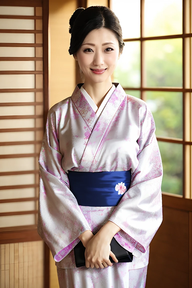 (Highest quality、Tabletop、8K、Best image quality、Award-winning works)、(One beautiful mature woman:1.1)、Adult face、(Innkeeper:1.1)、(A top-quality white kimono with an elegant floral pattern:1.2)、(A kimono with a perfect and precise collar:1.2)、Perfect mature woman portrait photo、Glowing Skin、Standing Elegantly、(Blurred elegant and exquisite perfect Japanese style room background:1.3)、(The most natural and perfect tidy Japanese style room background:1.2)、(Strongly blurred background:1.2)、Glowing Skin、Very beautiful skin、(Accentuate your body lines:1.1)、(The most graceful posture:1.2)、(Large Breasts:1.2)、A perfect smile、Perfect beautiful glossy lips、(Accurate anatomy:1.2)、(A perfect and elegant outfit:1.1)、(Standing with good posture:1.1)、(Beautiful, high-quality patterned kimono:1.2)、、(Perfect and natural beautiful sleeves:1.2)、(A perfect and natural beautiful collar:1.2)、(Perfect and natural beautiful sleeves:1.2)、(The finest patterned kimono obi:1.4)、(A perfect and natural beautiful kimono obi:1.1)、(Chignon:1.2)