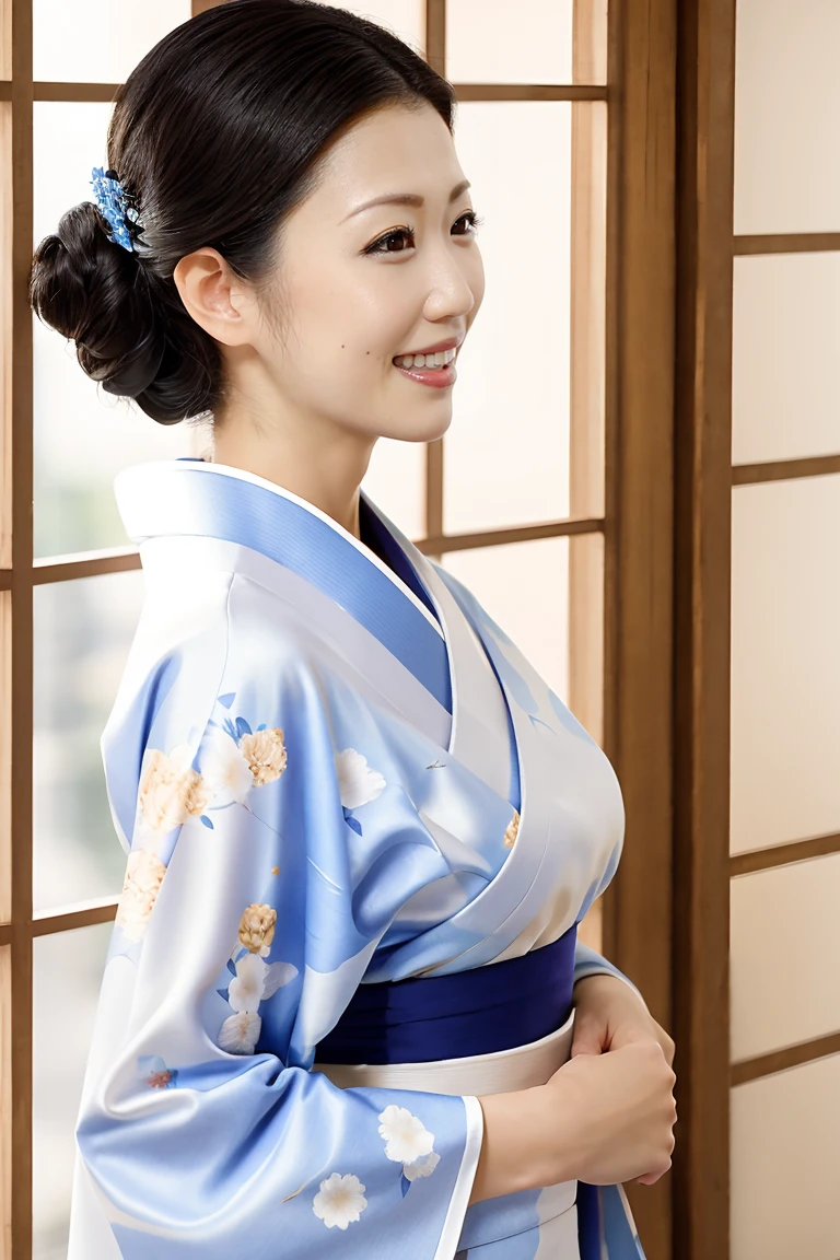 (Highest quality、Tabletop、8K、Best image quality、Award-winning works)、(One beautiful mature woman:1.1)、Adult face、(Innkeeper:1.1)、(A top-quality white kimono with an elegant floral pattern:1.2)、(A kimono with a perfect and precise collar:1.2)、Perfect mature woman portrait photo、Glowing Skin、Standing Elegantly、(Blurred elegant and exquisite perfect Japanese style room background:1.3)、(The most natural and perfect tidy Japanese style room background:1.2)、(Strongly blurred background:1.2)、Glowing Skin、Very beautiful skin、(Accentuate your body lines:1.1)、(The most graceful posture:1.2)、(Large Breasts:1.2)、A perfect smile、Perfect beautiful glossy lips、(Accurate anatomy:1.2)、(A perfect and elegant outfit:1.1)、(Standing with good posture:1.1)、(Beautiful, high-quality patterned kimono:1.2)、、(Perfect and natural beautiful sleeves:1.2)、(A perfect and natural beautiful collar:1.2)、(Perfect and natural beautiful sleeves:1.2)、(The finest patterned kimono obi:1.4)、(A perfect and natural beautiful kimono obi:1.1)、(Chignon:1.2)