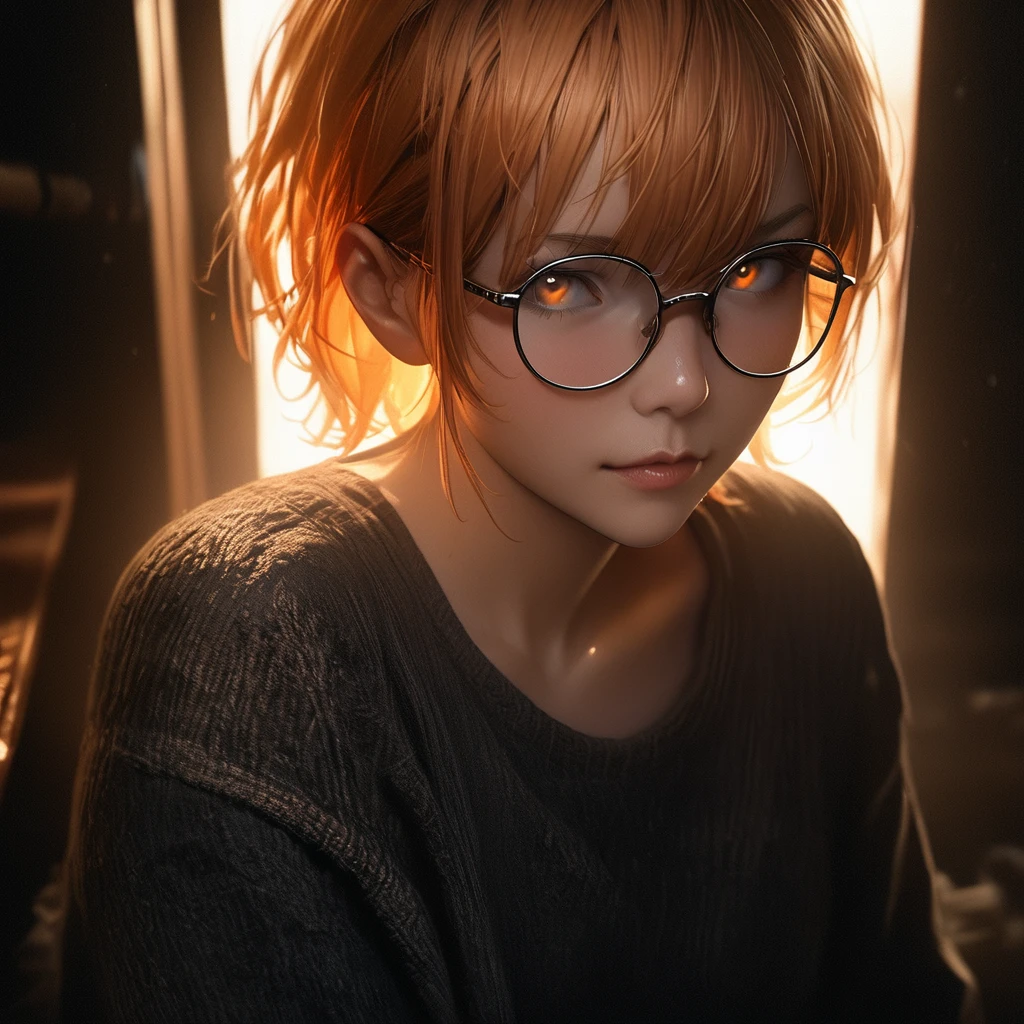 Best quality, masterpiece, ultra high res, (photorealistic:1.4), raw photo, 1man, offshoulder, in the dark, deep shadow, low key, cold light, detailed skin, orange eyes, orange hair, upper body, glasses, short hair