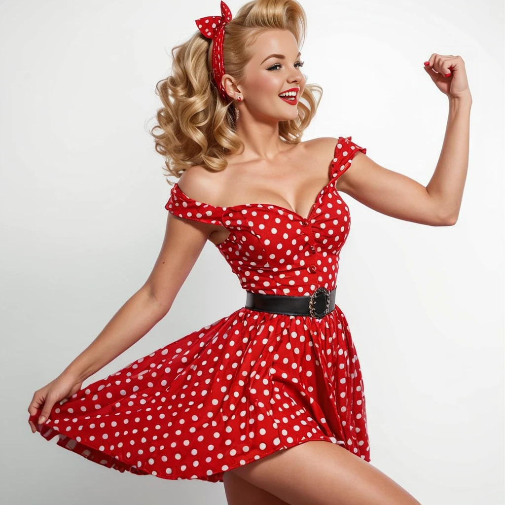 joyful blonde pin-up girl, happy with victory, full length in red dress with big polka dots, wavy short pin-up hairstyle with red bandana, dynamic pose arched waist, professional shot, super realism, white background