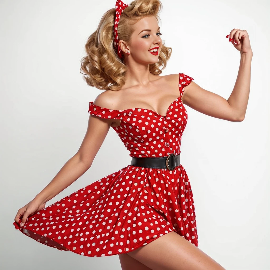 joyful blonde pin-up girl, happy with victory, full length in red dress with big polka dots, wavy short pin-up hairstyle with red bandana, dynamic pose arched waist, professional shot, super realism, white background