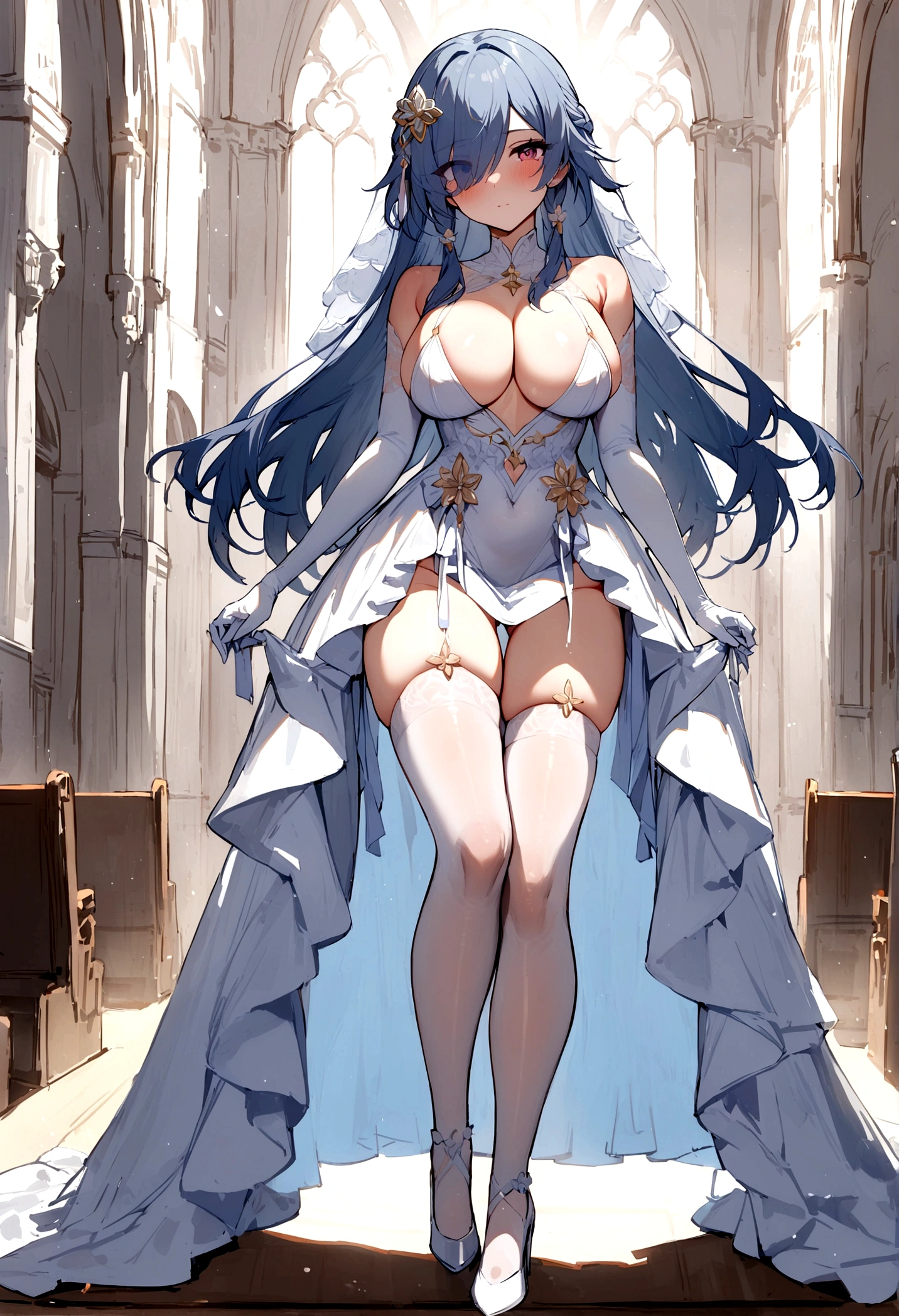 masterpiece, best quality,1girl,solo, Fu Hua\(Cerulean Court\),white background, hair over right eye ,eye visible through hair,hair ornamet, wedding dress,white high heels,thighhighs, full body, (church:1.2),looking at viewer, big breasts,