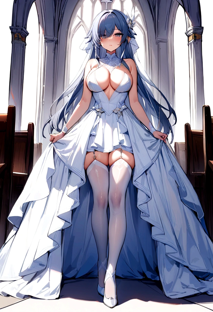 masterpiece, best quality,1girl,solo, Fu Hua\(Cerulean Court\),white background, hair over right eye ,eye visible through hair,hair ornamet, wedding dress,white high heels,thighhighs, full body, (church:1.2),looking at viewer, big breasts,