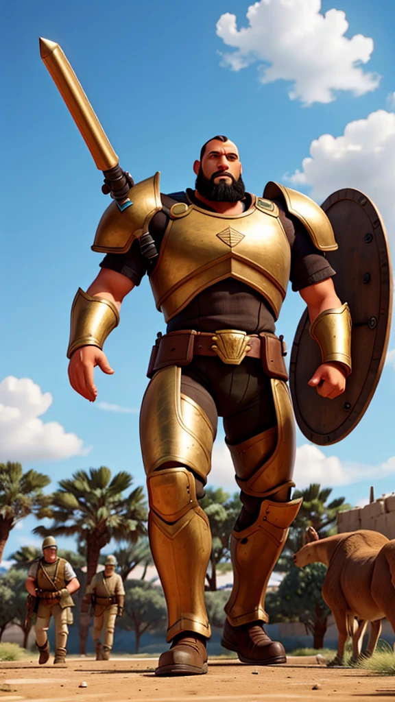 "A towering giant named Goliath, with shining bronze armor, challenging the great Israelite army on a battlefield. Israeli soldiers watching in fear and surprise."