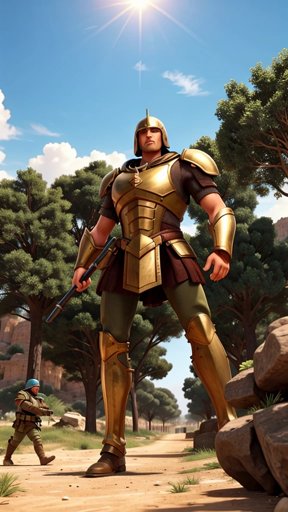 "A towering giant named Goliath, with shining bronze armor, challenging the great Israelite army on a battlefield. Israeli soldiers watching in fear and surprise."