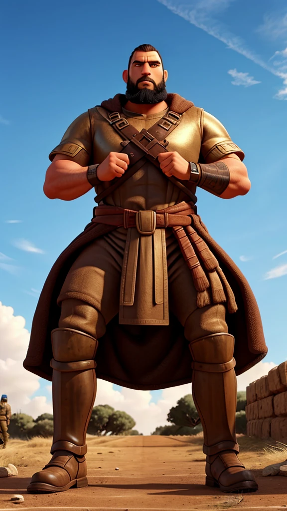 "A towering giant named Goliath, with shining bronze armor, challenging the great Israelite army on a battlefield. Israeli soldiers watching in fear and surprise."