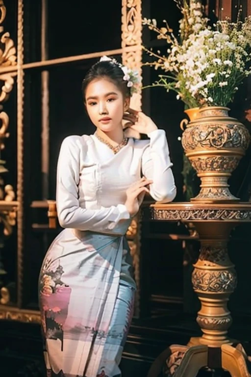 MMTD Burmese patterned traditional dress lady full body details, nice face, fair skin, traditional royal white dress, wearing Parel necklaces, traditional hair style, long scarf on shoulder, sitting on traditional style golden chair look like throne, traditional water jar , cup on tray on a classic table nearby, best composition, full view covered shot, cenimatic lightning and ultra realistic details, octane rendering, sharp focus, unreal engine,32k hd resolution, masterpiece of photography, prize winning award level picture, perfect anatomy