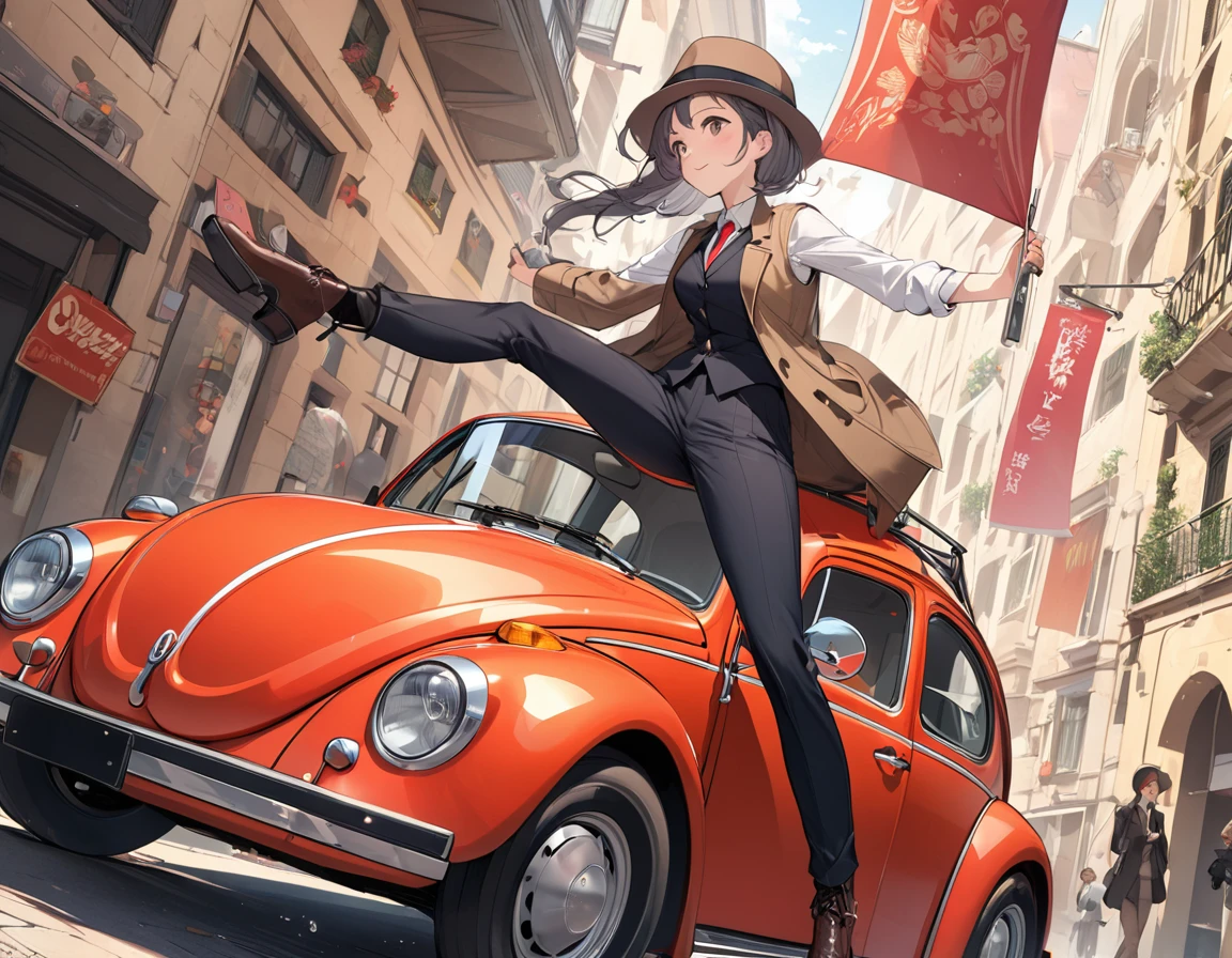 BREAK Perfect Anatomy、(High resolution:1.2)、Incredible illustrations、(Cute illustrations:1.2)、(dynamic angle,)
(Beautiful background())
1girl(Fedoras, trench coats, vests, slacks, riding boots,1girl((a girl,slender 1.7meters, 50kg,Drive a red Volkswagen Bug