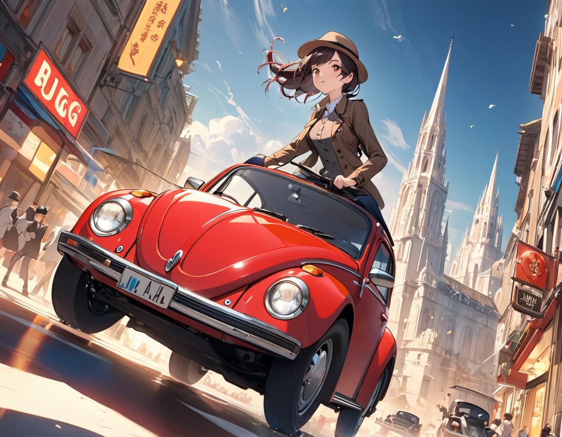 BREAK Perfect Anatomy、(High resolution:1.2)、Incredible illustrations、(Cute illustrations:1.2)、(dynamic angle,) 
（Beautiful background（）)
1girl(Fedoras, trench coats, vests, slacks, riding boots,1girl((a girl,slender 1.7meters, 50kg,Drive a red Volkswagen Bug
