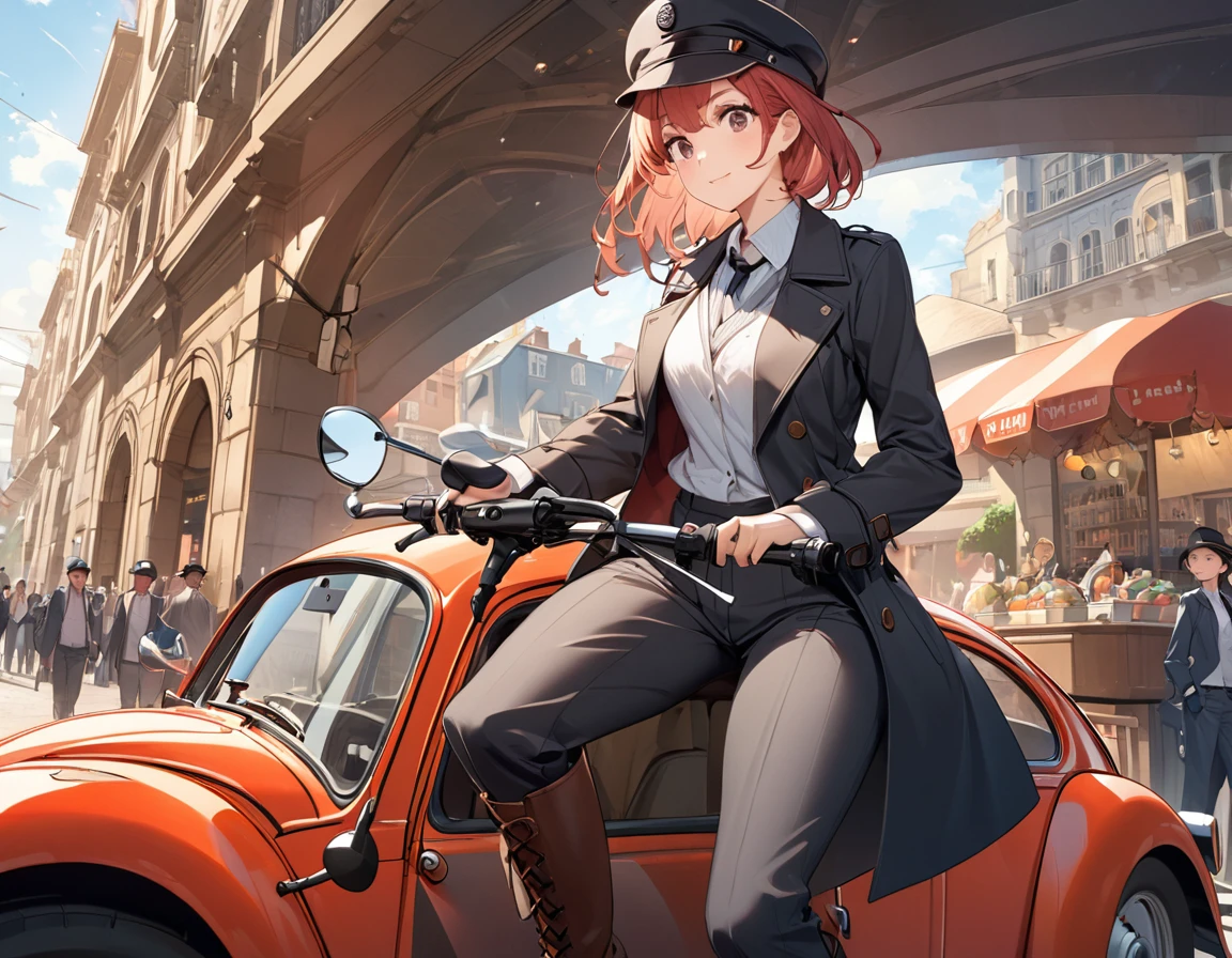 BREAK Perfect Anatomy、(High resolution:1.2)、Incredible illustrations、(Cute illustrations:1.2)、(dynamic angle,)
(Beautiful background())
1girl(Fedoras, trench coats, vests, slacks, riding boots,1girl((a girl,slender 1.7meters, 50kg,Drive a red Volkswagen Bug