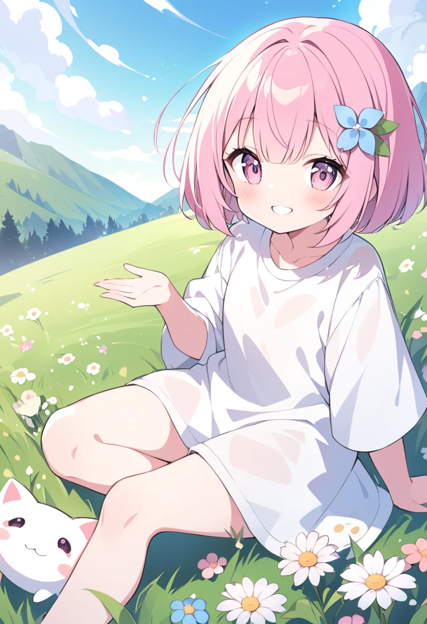 Mini character、、cute、cute、Pink Hair、Short Bob、Pink Eyes、Oversized shirt、White shirt、smile、A big smile、Grassland、flower、