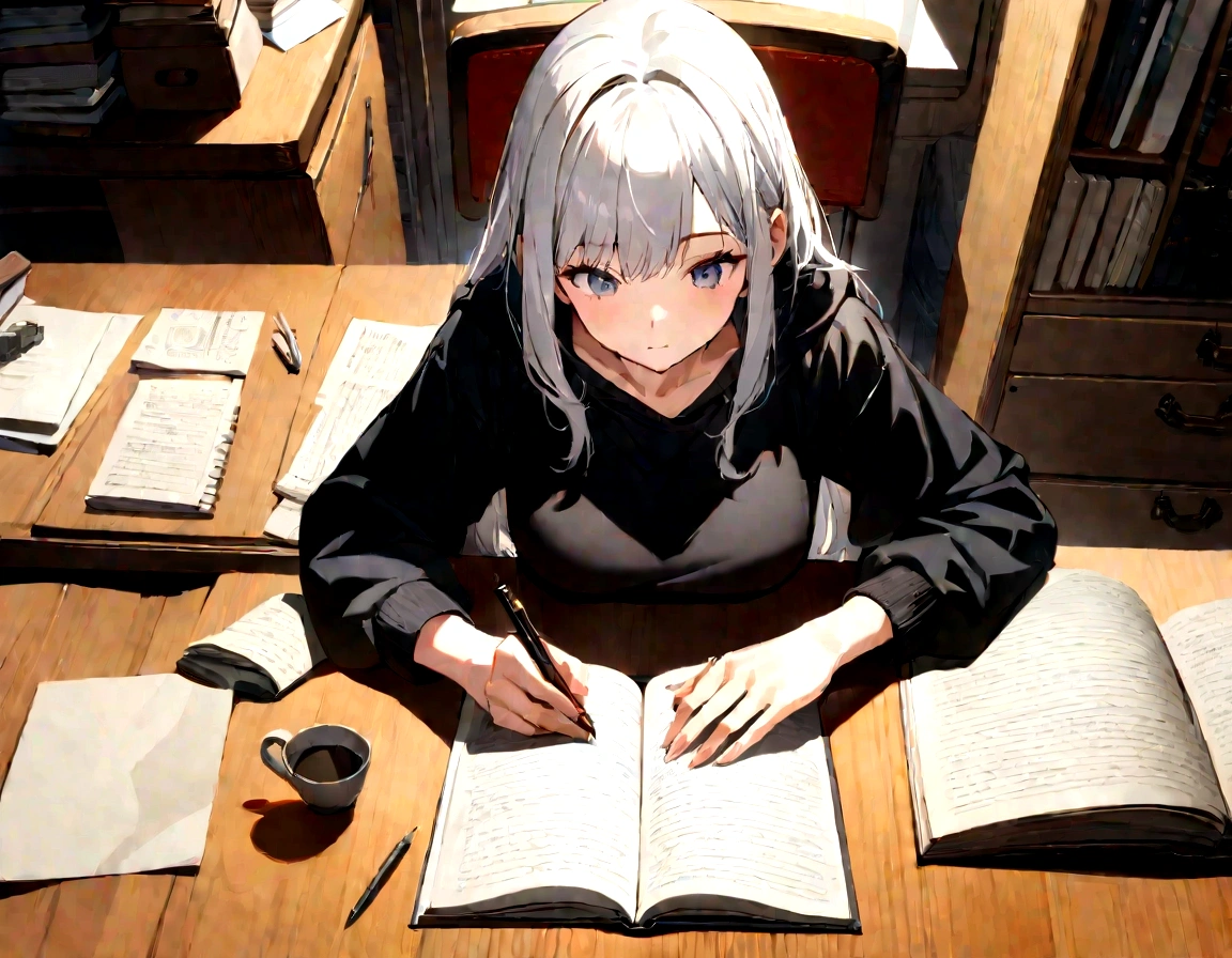 HD Clear, Best Images, Illustration quality, Super detailed, Young woman in a black casual sweatshirt, Hold the book in front of her, write, masterpiece , Highest quality , detailed, At your desk, study, overhead.