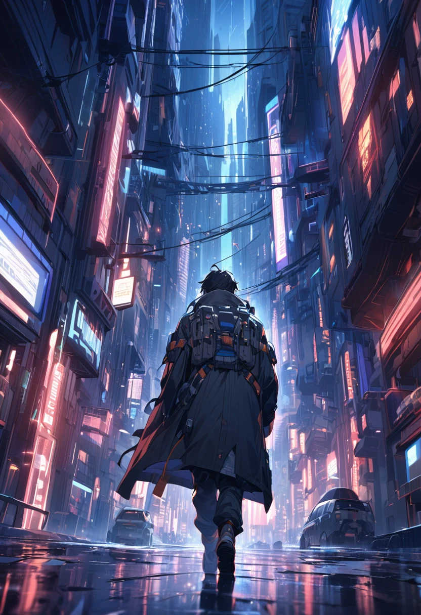 A cinematic image of a sci fi man walking alone in night in a cyberounk sci fi city high detailing cinematic lighting thunders in sky highly detailed