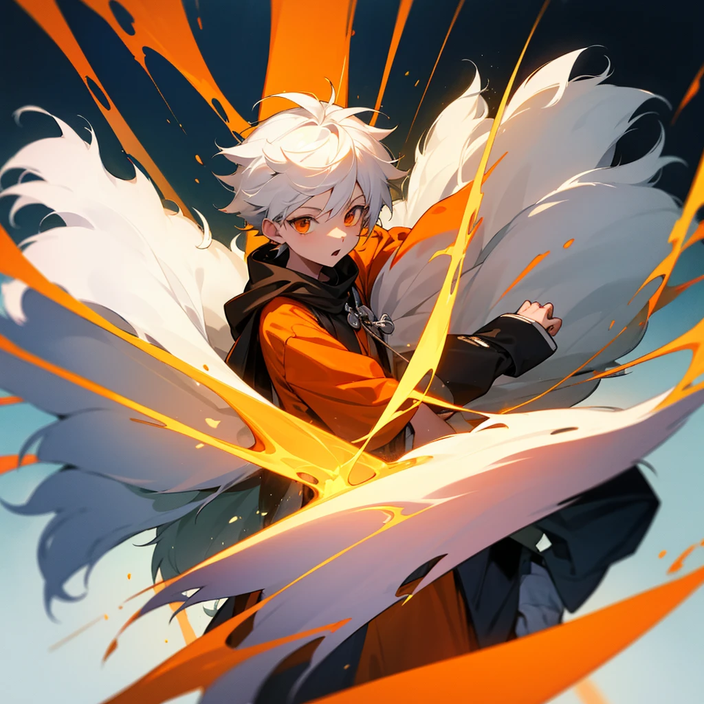 Create a boy, a 10 year old who has fluffy white hair, an orange wizard's cloak, an orange wizard's hat, a white tie and a very cute happy face, a pretty smile
