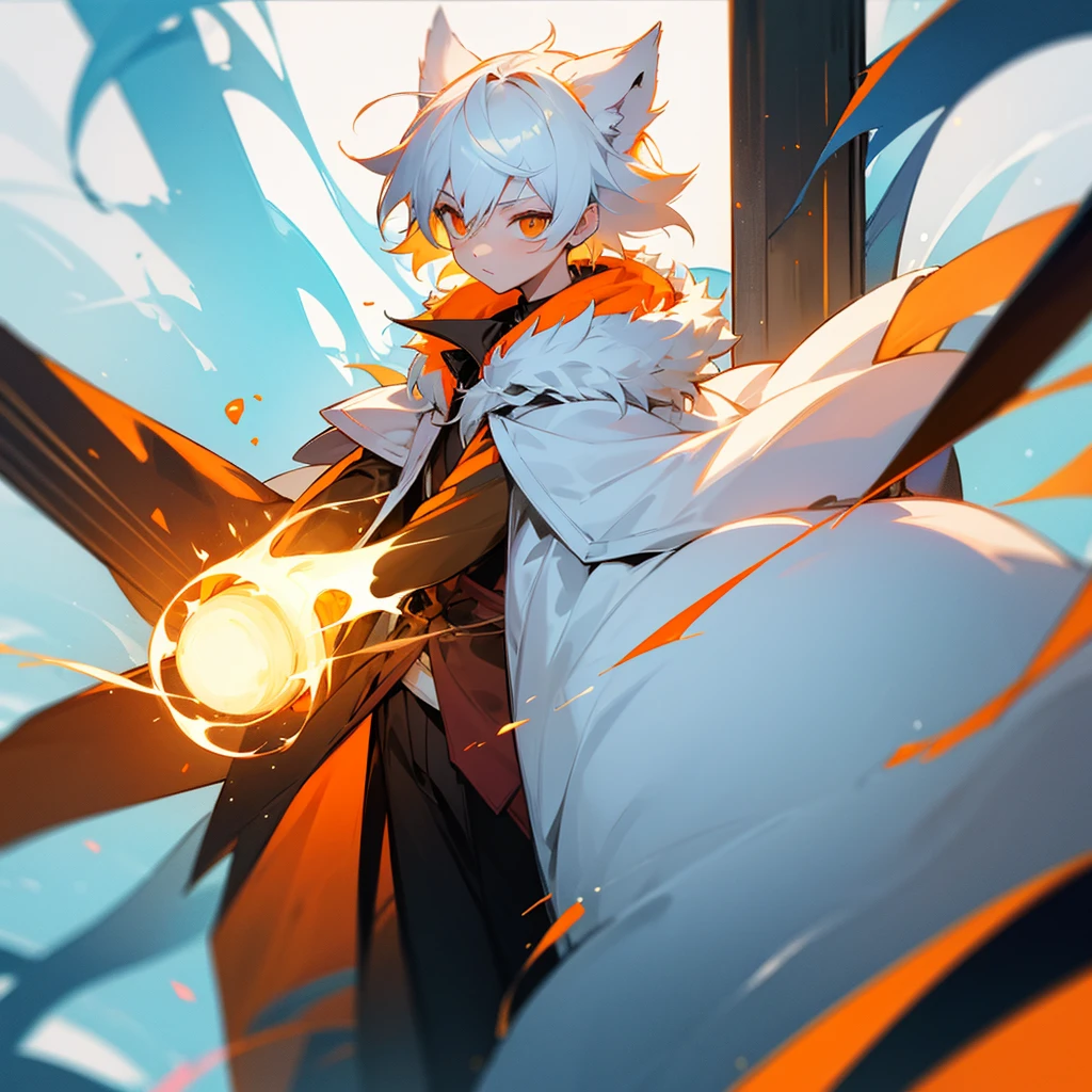 Create a boy, a   who has fluffy white hair, an orange wizard&#39;s cloak, an orange wizard&#39;s hat, a white tie and a very cute happy face, a pretty smile