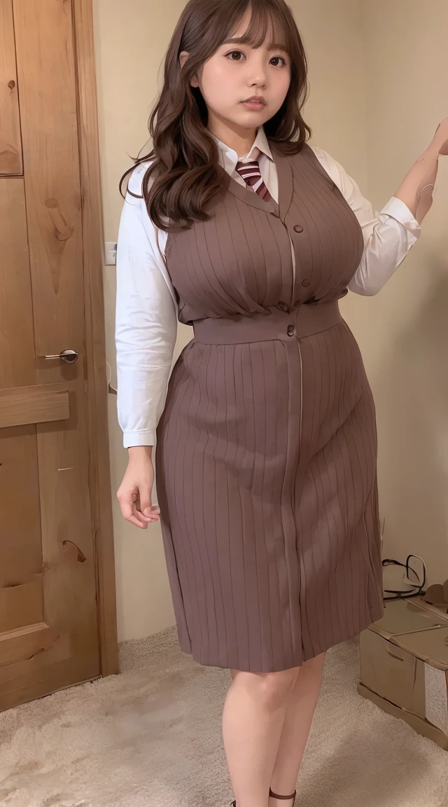 ((Highest quality、Highest quality、Raw quality)), Japanese ID, Mature Woman, ((A chubby, cute, round-faced woman around 40 years old)), Glasses, Wavy black hair with no bangs, Medium Long Hair, ponytail, Flashy makeup, Fuller lips, Sexy Gaze, uniform, ((dressing)), looking at the camera, Low angle shooting, Cute duck lips,((Very accurate and correct anatomy)), (masterpiece:1.3), Perfect proportions, Realistic photos, Full Shot, whole body, (height: 146cm), High heels