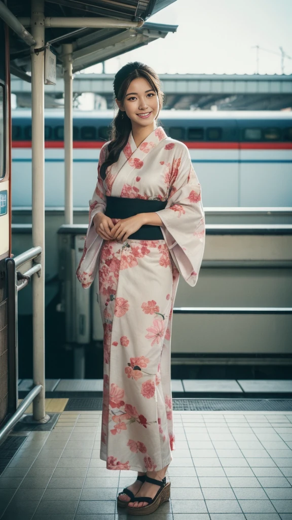 (Japanese Kimono、kimono、yukata:1.3)、(Whole body shot:1.24))、(RAW Photos、Photorealistic:1.4)、One girl、Beautiful girls、Race Queen、Very detailed目と顔、Beautifully detailed dark brown eyes、Ultra-detailed、((High resolution、Highest quality、masterpiece、Very detailed、8K))、Outdoors、Japan woman at 21 years old、Medium breast、8-body style、(On the station platform、Railway stations in Japan、bullet train:1.37)、smile、Open your mouth、Cute atmosphere、Wearing sandals、Perfect proportions、Direct your gaze this way、Smiling Kindly、Summer evening、Short Hair、Light Brown Hair、Nice atmosphere、Summer 1999