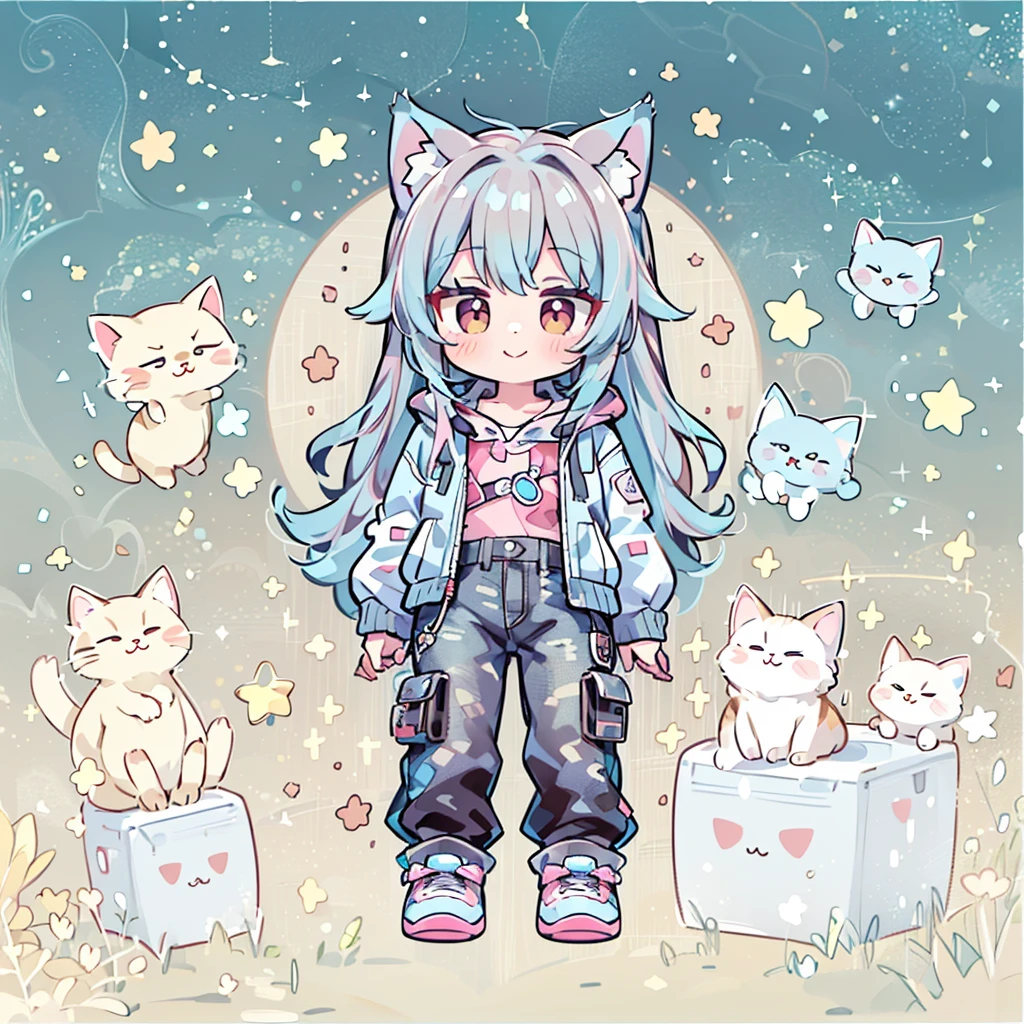 ((Highest quality，masterpiece，Extremely complex and exquisite details，A short girl with gray and blue cat ears and long hair is in the center，Gray blue super long straight hair，Curly hair at the ends，Sparse air bangs，Gray and pink T-shirt，Denim hooded cropped jacket，Black and gray long cargo pants))，(pink and white sneakers，Smile slightly，Surrounded by tons of cute short-legged cats，Correct anatomy)，Super Q super cute short full body portrait，Starry sky background vertical painting space scene