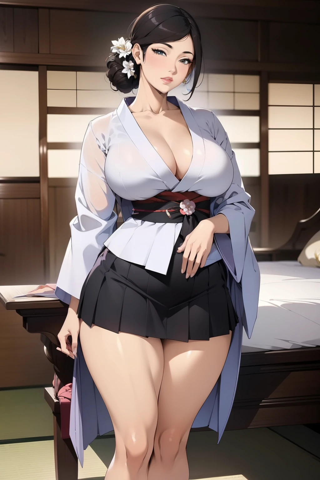 1womanl， （tmasterpiece： 1.3），Beautiful mature Japanese woman， detailed finger， beautiful hand， hyper realisitc， 1womanl， （Sagging breasts， Bewitching body： 1.2） brunette color hair： 1.1， Super detailed face， Detailed lips， Detailed eyes， double eyelid， Sexy low-cut neckline kimono， Open neckline， Sagging chest， Side posture， visible curves，full body1:1, High school student, wearing a white shirt and a black knife-pleated miniskirt