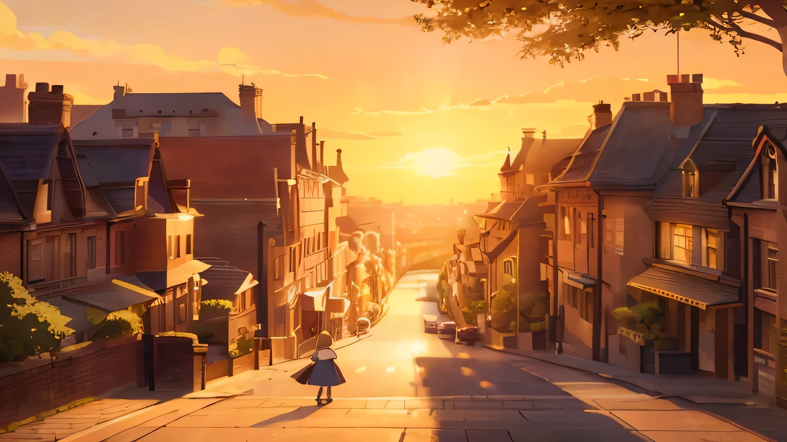 In the style of Makoto Shinkai, Ultra-thin illustration, Highest quality, Create captivating illustrations that invite viewers to the cityscape reminiscent of London. Draw a row of houses with brick roofs, Perfectly complemented by warming, The golden color of the sun setting in the sky. Let the scene exude the timeless charm of London-style streets, Equipped with its own ramp road. The house should stand as a testament to the town&#39;s history., Decorated with intricate details and cozy characters. The sun&#39;s slow descent、It should shine with nostalgia, Injecting the atmosphere with a longing for simpler times. Mastering the Interplay of Light and Shadow、It highlights the texture of the brick roof and historic facade.. Get your audience to stare at your work, They should feel as if they have stepped into a dreamy London night, A place of beauty, history, and、A wistful, flashy touch blends seamlessly into the