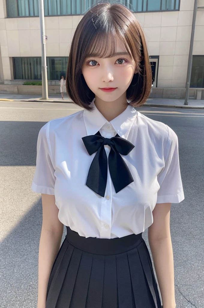 (8k, RAW photo, top quality, masterpiece: 1.2), (realistic, photorealistic: 1.37), ultra detail, ultra high resolution, one girl, beholder, beautiful detailed face, smile, constriction, (slim waist): 1.3), beautiful detailed skin, skin texture, floating hair, professional lighting, Japanese beautiful girl, long hair, bob cut, beautiful hair, 16 years old, attractive breasts, (huge breasts:1.2), beautiful shape breasts, full body from toes to head, standing, Shift gaze away, gaze into the distance, natural color hair, color inner hair, collared shirt, pleated skirt, school, bow