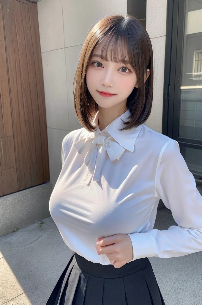 (8k, RAW photo, top quality, masterpiece: 1.2), (realistic, photorealistic: 1.37), ultra detail, ultra high resolution, one girl, beholder, beautiful detailed face, smile, constriction, (slim waist): 1.3), beautiful detailed skin, skin texture, floating hair, professional lighting, Japanese beautiful girl, long hair, bob cut, beautiful hair, , attractive breasts, (huge breasts:1.2), beautiful shape breasts, full body from toes to head, standing, Shift gaze away, gaze into the distance, natural color hair, color inner hair, collared shirt, pleated skirt, school, bow