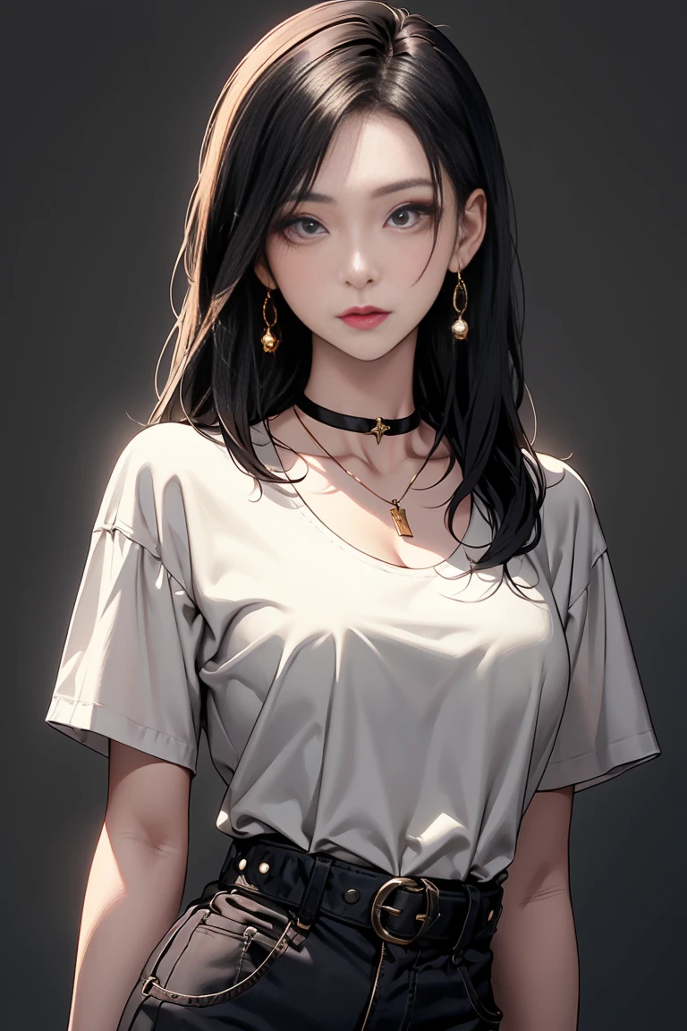 a 20 yo woman、Black blue Hair、poneyTail、(hi-top fade:1.3)、dark themed、Muted Tones、Subdued Color、highly contrast、(natural skin textures、Hyper-Realism、Soft light、sharp)、makeup, mascara, Lips are subdued or colors, simple black background, Minimalism, monotone, simple color palettes, Clean, sharp designs, flowing silhouettes, Tight skirts and pants, high-waisted skirts and pants, simple dresses, shirts and blouses, asymmetrical, geometric, Elegant and luxurious materials and designs, Simple, minimal accessories, Slim necklaces and rings in silver or gold, Simple bangles, Distinctive designs, simple silhouettes, simple and sophisticated style, elegance, Minimalism, high quality materials, cool and urban impression, high fashion, simplicity and sophistication,Santa Costumes、Christmas、Christmas cosplay、The background is a Christmas tree、