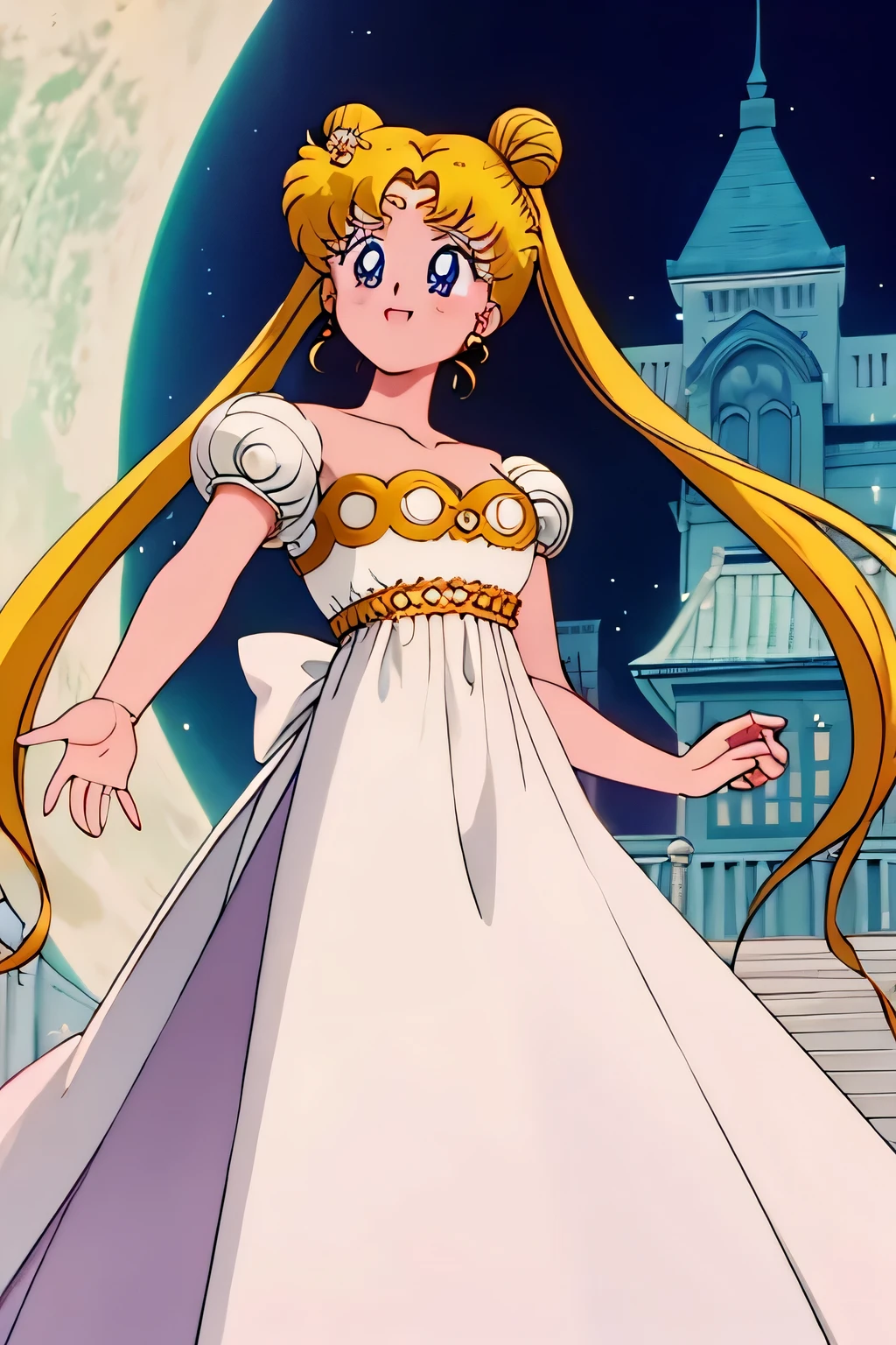 princessserenity, blonde hair, hair ornament, forehead mark, earrings, white dress, full moon, mansion, anime screencap, high quality, light smile, standing,  Masterpiece