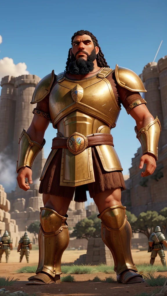 "A towering giant named Goliath, in shining bronze armor, challenging the great Israelite army on a battlefield. The Israelite Soldiers watching in fear and surprise."