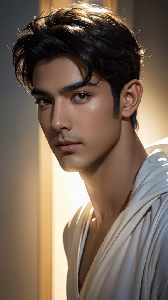 (1man), (solo man), Artwork, best quality, high resolution, Close-up portrait, bad, Greek God style, modern, , beautiful figure painting, bright light, Amazing composition, front view, hdr, volumetric lighting, ultra quality, elegant, highly detailed, black hair, tanned skin, high bridge nose
Siren brown eyes