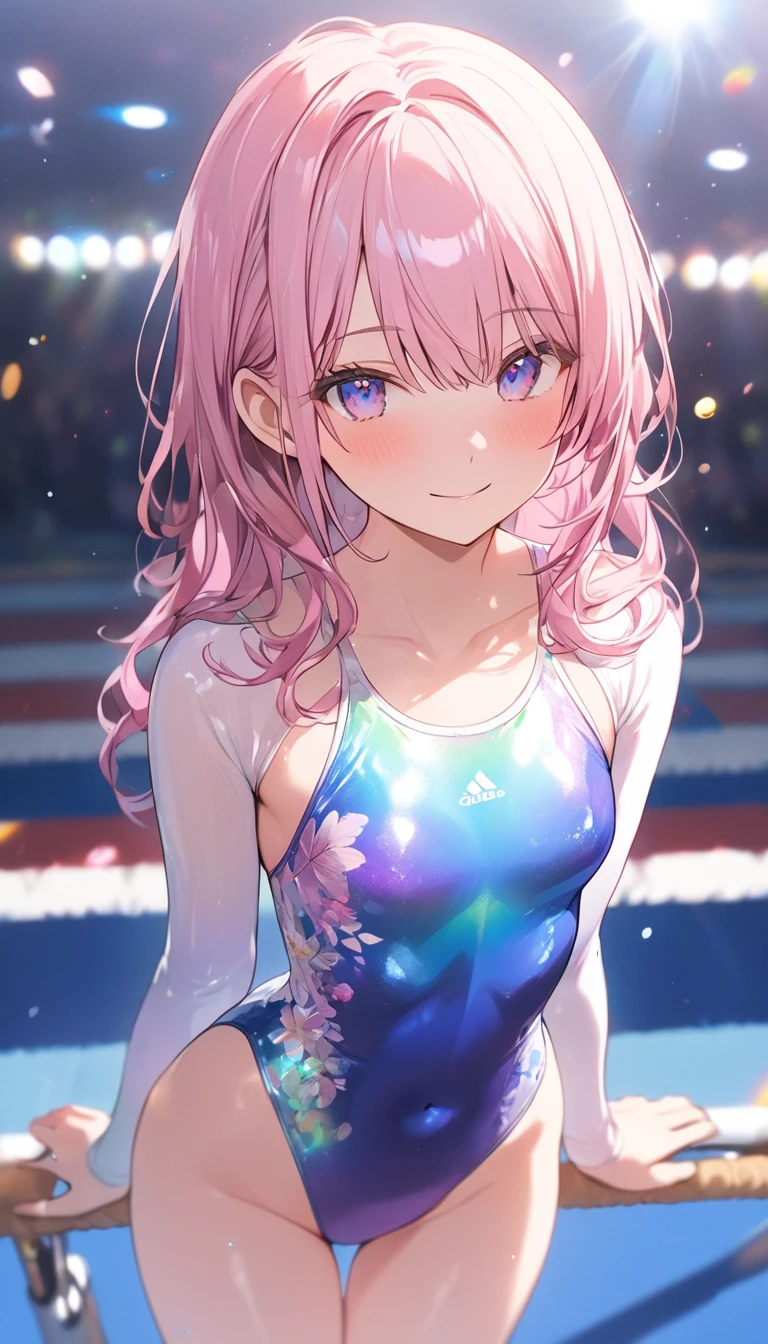 highquality illustration, masterpiece, very delicate and beautiful, attractive girl,(gymnastics leotard, Floral patterns leotard,long sleeve leotard with glittery decoration,high_leg leotard,athletic leotard,tight-fit leotard,iridescent gradient leotard,long-sleeve leotard),thin,slender body,slim,high school,gymnasium background,gymnastics club,gymnastics athlete,princess, beautiful eyes,light smile,(masterpiece, best quality:1.2), highres, extremely detailed CG unity 8k wallpaper, perfect lighting, Colourful, ultra-high res,4K,ultra-detailed, photography, 8K, HDR, 17 ages, full body,