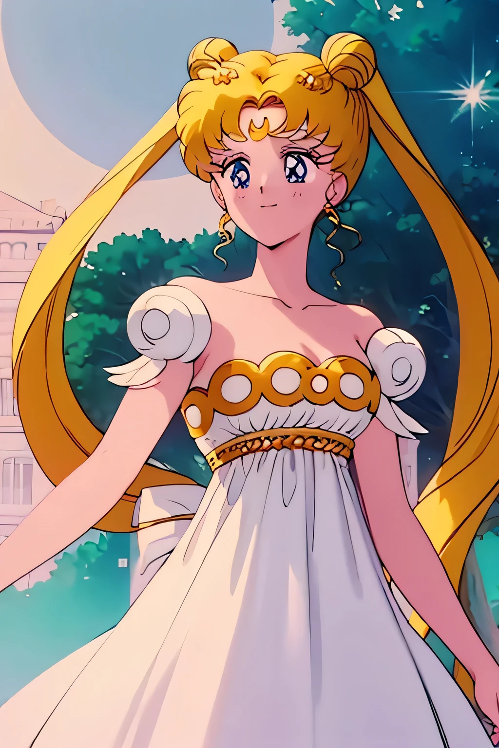 princessserenity, blonde hair, hair ornament, forehead mark, earrings, white dress, full moon, mansion, anime screencap, high quality, light smile, standing,  Masterpiece