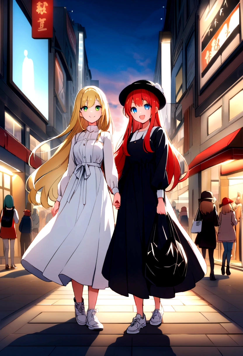 red-haired model with bright blue eyes, Sie hat ein schönes Kleid an with white sneakers, stands with her girlfriend, a blonde model with green eyes, longer hair, She is also wearing a beautiful dress, with white sneakers. Both have a shopping bag in their hands and are standing in a pedestrian zone, with small shops. In the background are a few people. They both smile at the camera.