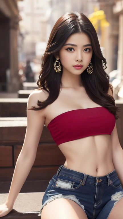 ((Medium breasts, )), (Well-defined abs : 1.1), (Perfect body : 1.1), full-length photo, (Ripped tube top:1.3), (Extremely detailed CG 8k wallpaper), (Extremely delicate and beautiful), (masterpiece), (best quality:1.0), Delicate skin, Extremely detailed 8K, ultra hd, masterpiece, best quality, a beautiful girl, long hair, impressive hairstyle, royal hair jewelry, jewellery earrings, antique jewellery, details eyes, beautiful eyes, meticulous makeup, thin eyebrows, beautiful lips, small breasts, royal dress, pink dress, strap dress, realistic colors, magic effect, epic scenery, epicness background, perfect body,Best Quality, Masterpiece, High Resolution, 8K, (Realistic: 1.4), Ultra High Resolution, 1 Girl, Ultra Detailed, Surreal, Highly Detailed CG Illustration, Official Art, Cinematic Light, Reality, Young Beautiful Girl, Perfect Figure, Perfect Figure, Full View, Perfect Body, (Starting below: 1.3), Mask, Pose, Sexy Long Legs, Confident, Beautiful Sexy, Grey Short Sleeves, Open Abdomen, Black Super Shorts, S-shaped Body, Upturned Hips, Assuming, Posing, Different Perspectives "Beautifully adorned with Indian jewelry, the stunning model stands tall in an alluring Indian girls' high . Her hair styled to perfection adds a touch of sexiness to the overall look. With a dynamic pose and a knee-bending leg sitting, she exudes a captivating and confident aura."