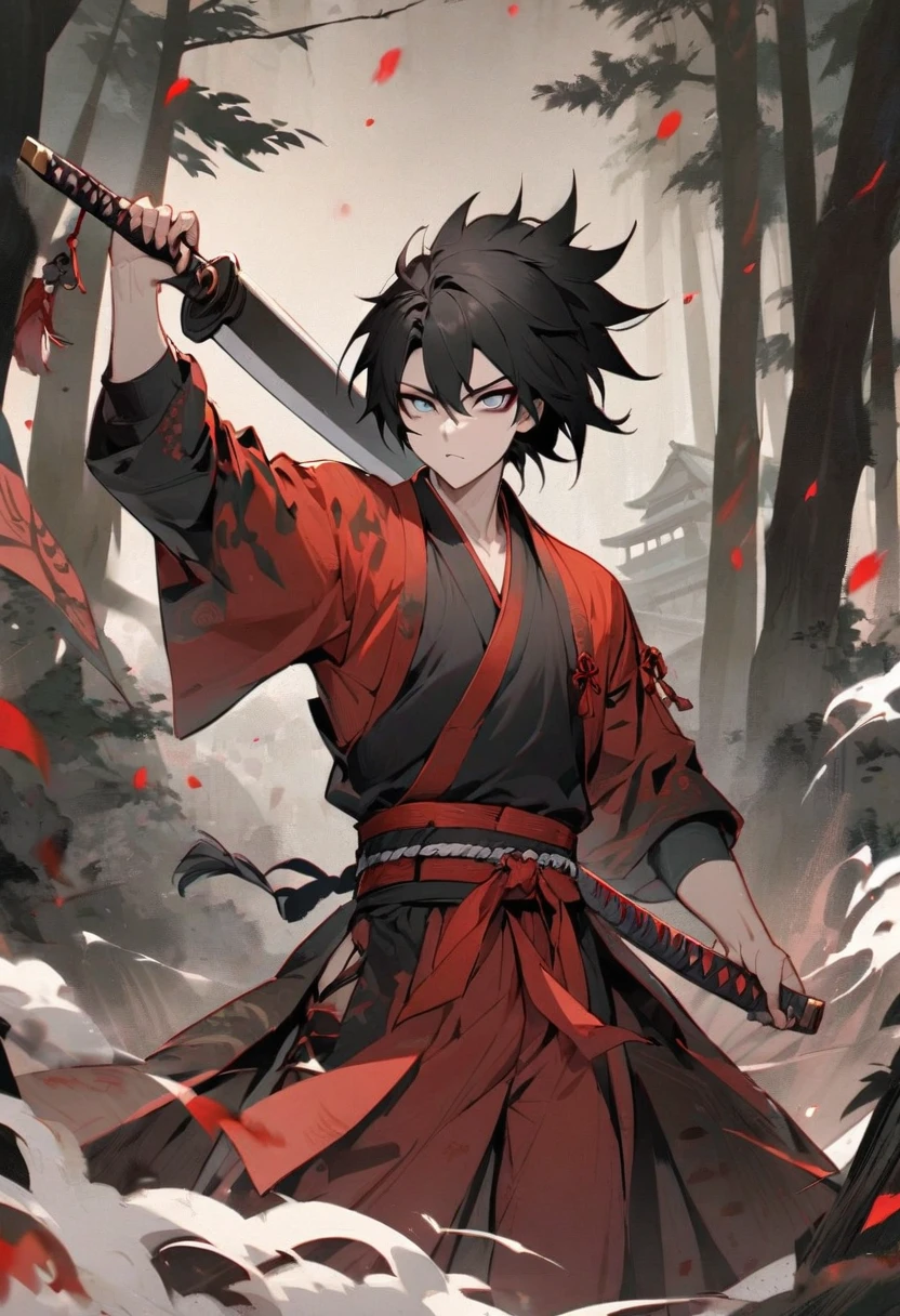 young man ,Male Dark, dark Woods,Red & Black colors, pale eye, samurai dnd, ronin background, hold katana in right hand