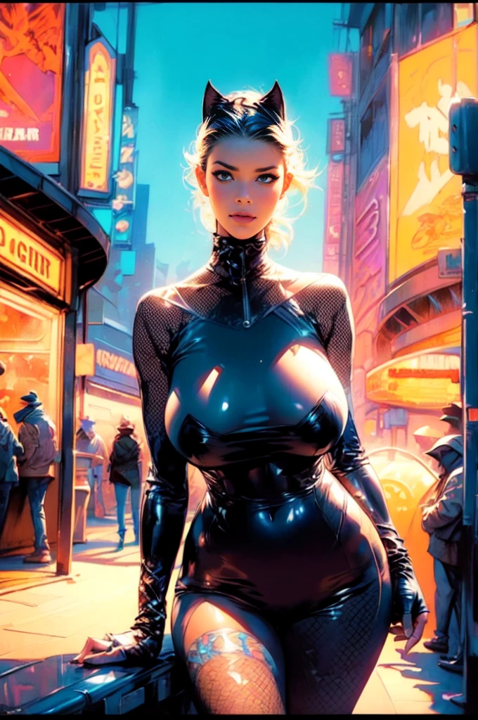 cowboy shot, 1girl, provocative catwoman outfit, fishnets thighs, (skindentation: 1.4), deep cleavage, gigantic teardrop breasts, sagging soft breasts, city street, blue sky, cinematic lighting, hyper detailed, high resolution, photorealistic, 8k, masterpiece, intricate details, dramatic pose, realistic textures, volumetric lighting, ray-traced, mood lighting, vibrant colors, neon signs, reflective surfaces, wet asphalt, atmospheric perspective, by loish, art by loish, watercolour, professional,