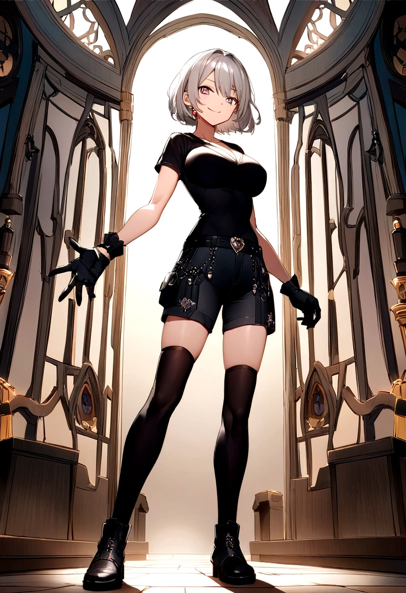 anime　anime　whole　Semi-short hair　Short Bob　Gray Hair　woman　Big Breasts　Gray Hair　Shorts　Black V-neck T-shirt　　anime 　whole body　　anime　whole body　smile　３３age　whole　anime画像　Black gloves　cool　　anime　黒いShorts　　Big Breasts　anime　　anime　field　Black V-neck T-shirt　cool　anime　anime　anime　短くBlack gloves　cool　Mischievous　Evil Smile