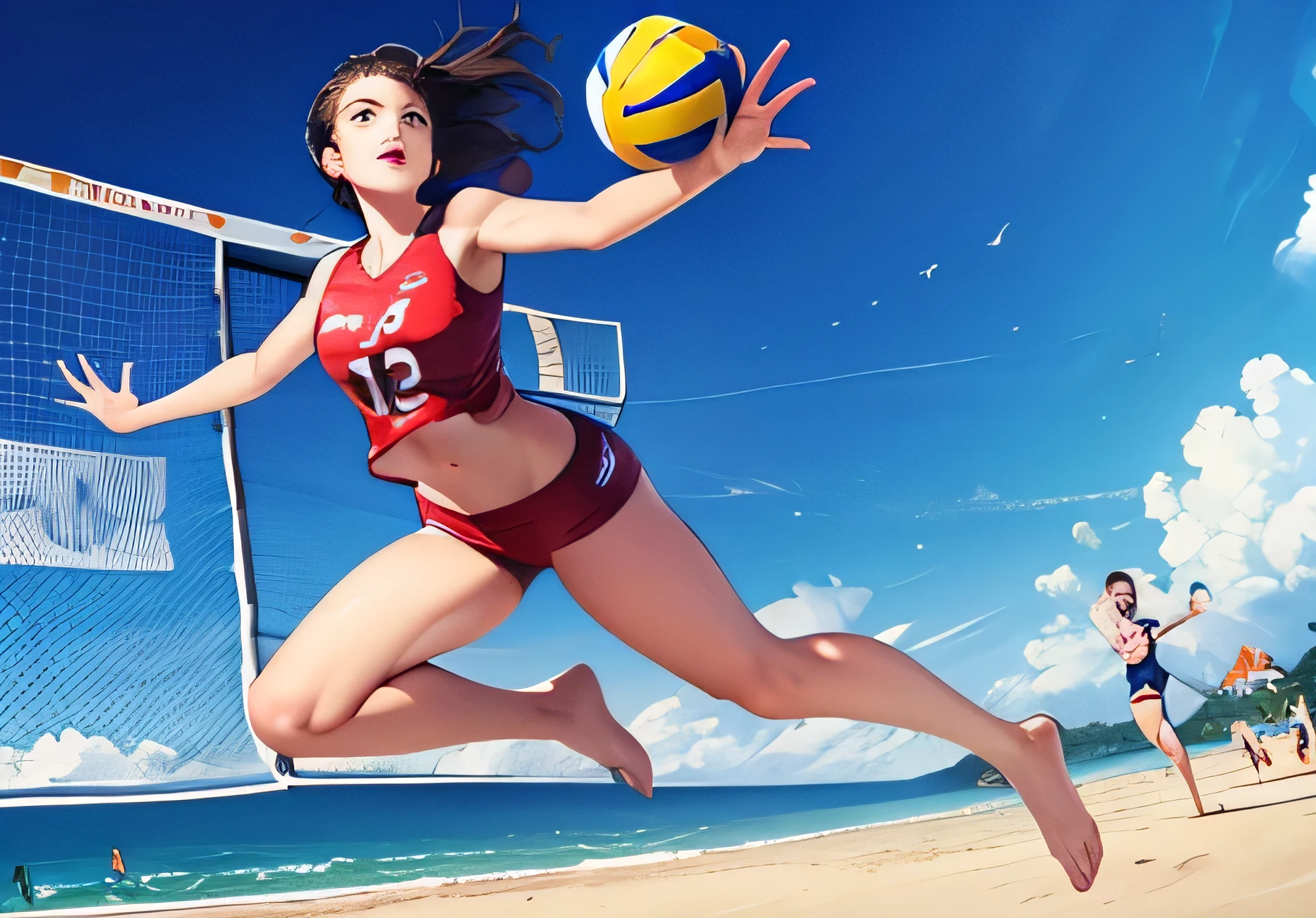 ((masterpiece)), ((best quality)), (ultra-detailed), ((extremely detailed)), 4K, (8K), best quality, perfect anatomy,full motion view, (((beautiful detailed eyes))), (((world-class quality))), realistic, extremely detailed, high resolution,full body view,(good anatomy),perfect face, (Beach Volleyball/Beach Volleyball/Beach Volleyball),caching hands of beach volleyball in side atack,beach volley field, beach,ocean, (Beach volleyball, match, volleyball in one hand, jumping serve)