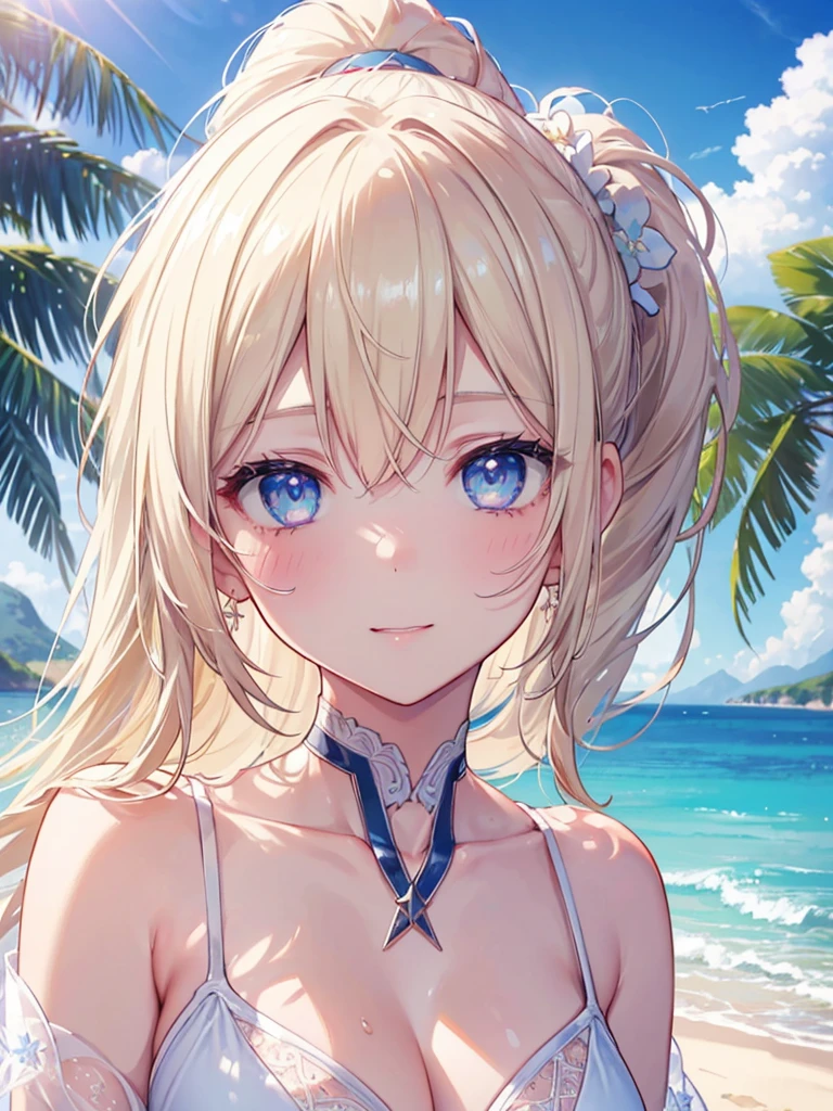 High resolution, A face with attention to detail, ((One Girl))、((cute))、Big smile、Blushing、Open your mouth、Blonde、ponytail、Ultra detailed face、Very fine eye、Ultra detailed hair、White Bikini、Beautiful beaches、Palm tree、Bright sunlight、Beautiful blue sky, Movie angle, Professional Lighting, Highest quality, masterpiece, sharp, Perfect focus, Bokeh, photoRealistic, (Beautiful, detailed eyes: 1.3), Realistic, (3D Face:1.1), (Shiny skin:1.5), (超High resolution intricate face details), (Facial skin pores:1.3), 超High resolution cloth texture, 8k eye detail