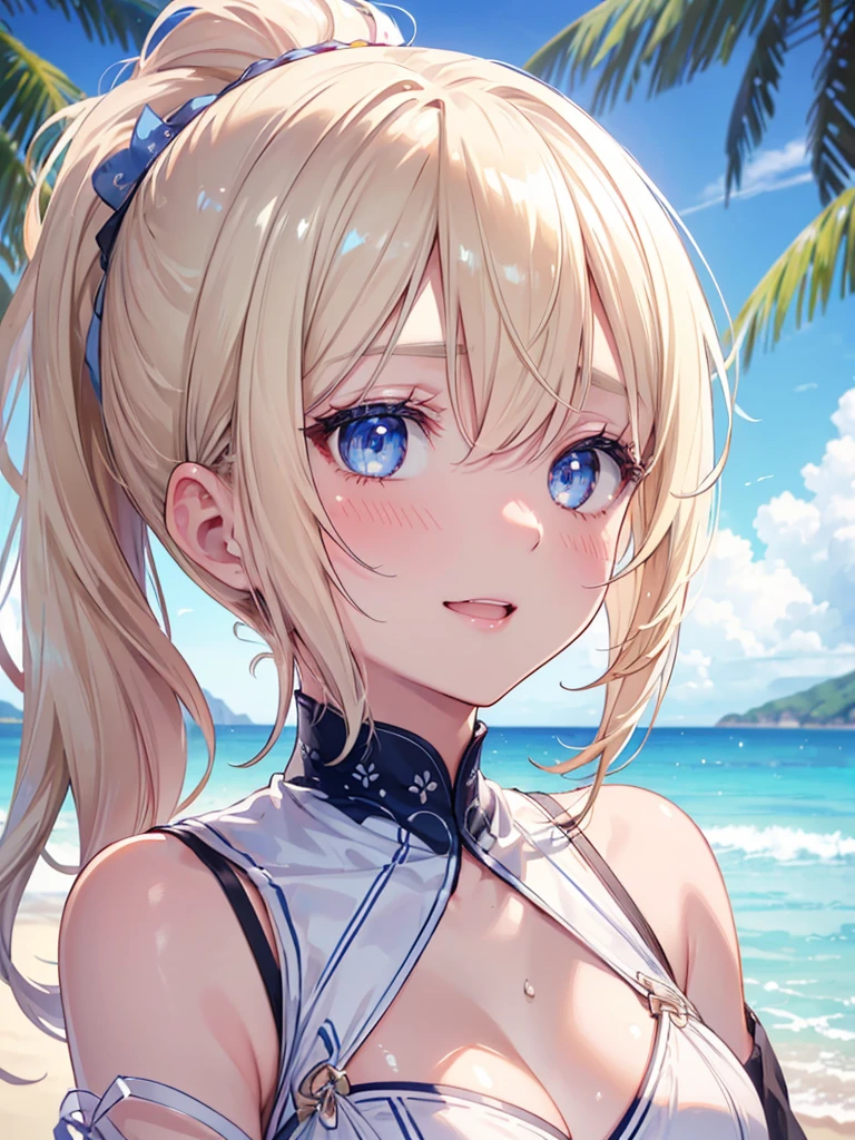 High resolution, A face with attention to detail, ((One Girl))、((cute))、Big smile、Blushing、Open your mouth、Blonde、ponytail、Ultra detailed face、Very fine eye、Ultra detailed hair、White Bikini、Beautiful beaches、Palm tree、Bright sunlight、Beautiful blue sky, Movie angle, Professional Lighting, Highest quality, masterpiece, sharp, Perfect focus, Bokeh, photoRealistic, (Beautiful, detailed eyes: 1.3), Realistic, (3D Face:1.1), (Shiny skin:1.5), (超High resolution intricate face details), (Facial skin pores:1.3), 超High resolution cloth texture, 8k eye detail