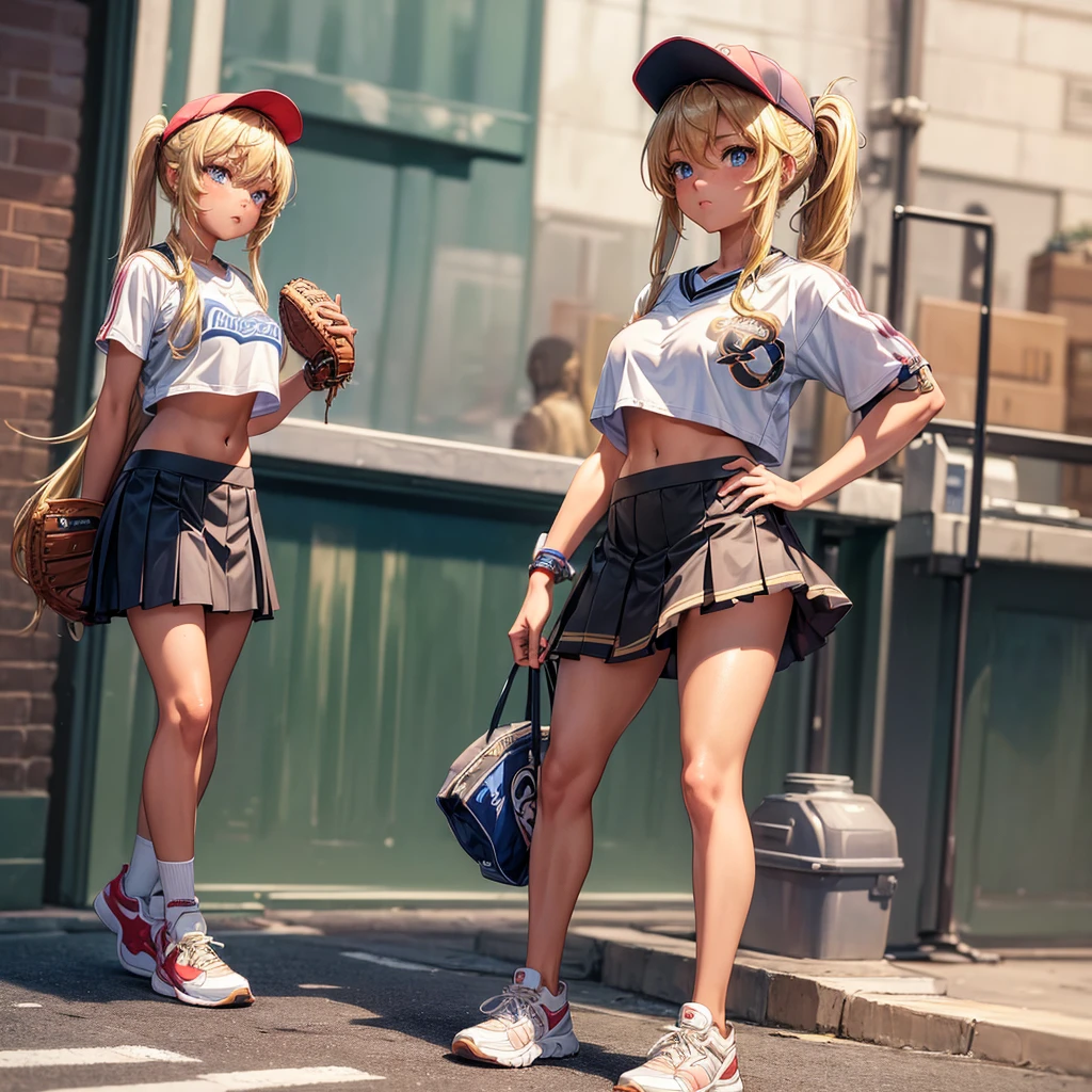 ((best quality)), ((masterpiece)), detailed,(8K),highres, absurd res, intricate details, (1girl, solo), 2.5D anime style, (a tan skin girl with blonde hair in a pony tail, wearing a skirt and baseball cap, in sneakers showing midriff, looking sexy while being outdoors)