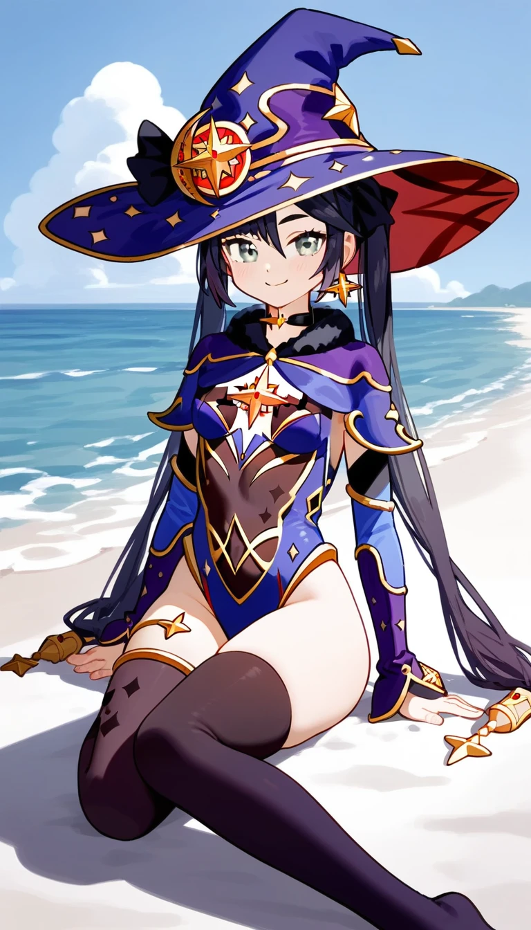 masterpiece,Ultra HD,score_9, score_8_superior, score_7_superior, score_6_superior,score_4_superior BREAK source_anime,可愛いanimeイラスト, One girl, alone, Mona XL, Long black hair, Green Eyes, tsurime, Twin tails, Medium chest, Witch Hat,leotard, Thigh guard,,View your viewers,smile,beach,Sitting,