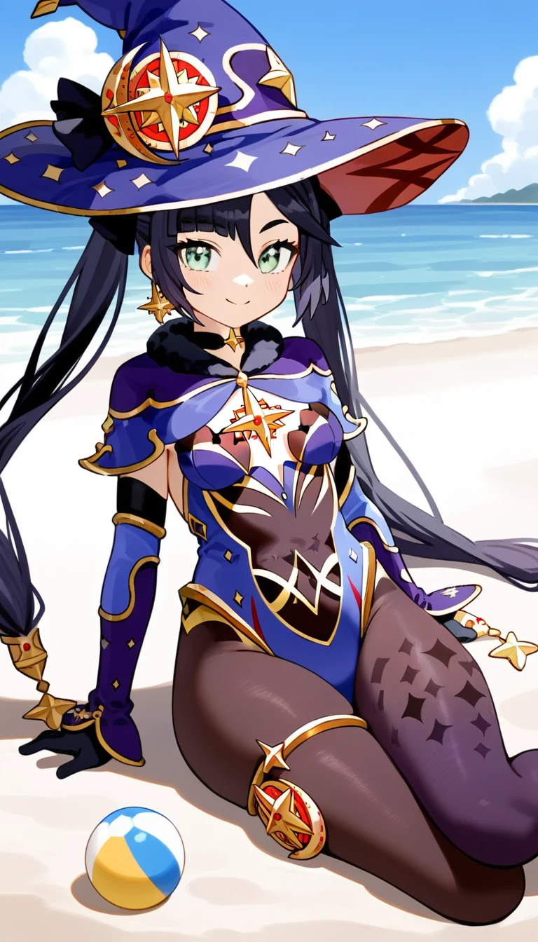 masterpiece,Ultra HD,score_9, score_8_superior, score_7_superior, score_6_superior,score_4_superior BREAK source_anime,可愛いanimeイラスト, One girl, alone, Mona XL, Long black hair, Green Eyes, tsurime, Twin tails, Medium chest, Witch Hat,leotard, Thigh guard,,View your viewers,smile,beach,Sitting,
