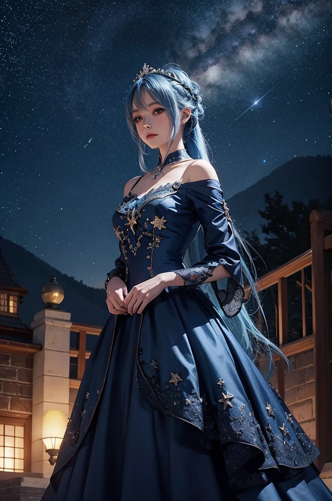 Blue haired girl character、Night scene with starry sky background、Wearing a gorgeous dress、Subtle details、A fantastic atmosphere、Anime style