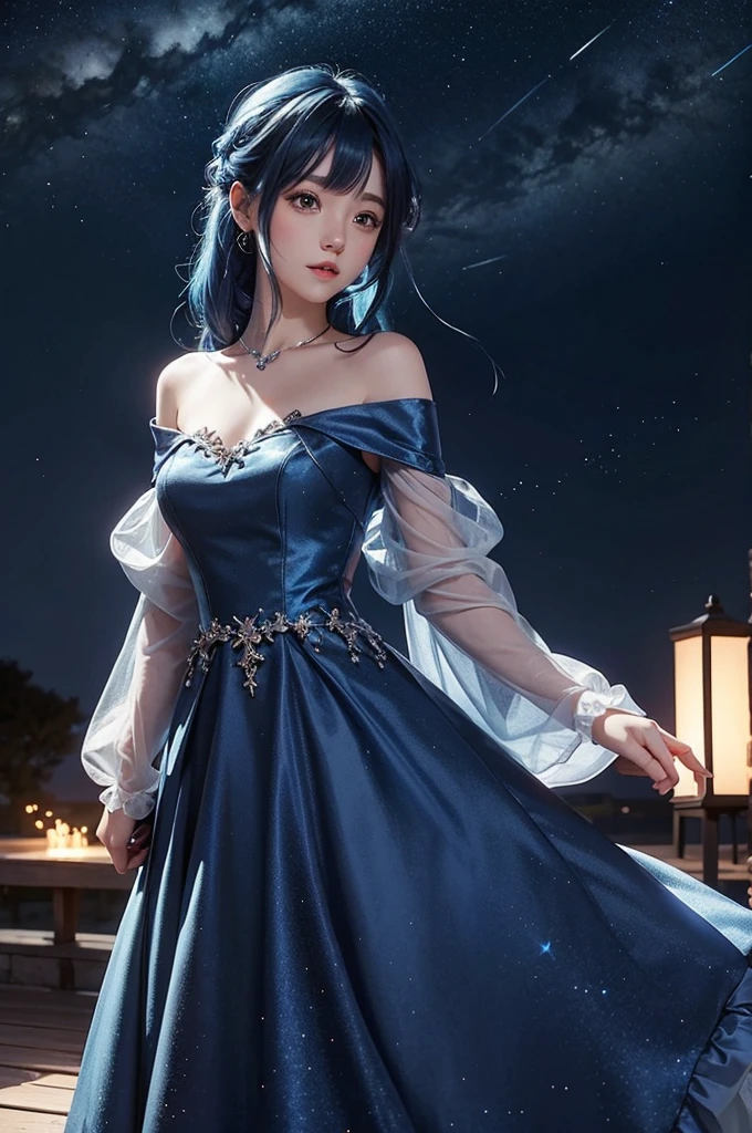 Blue haired girl character、Night scene with starry sky background、Wearing a gorgeous dress、Subtle details、A fantastic atmosphere、Anime style